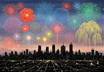 Obraz premium Fireworks display over city at night with colorful reflections on river