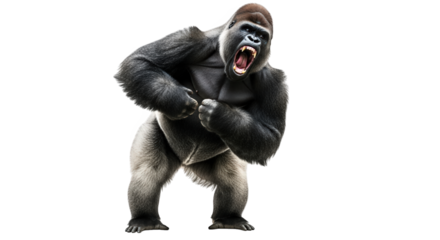 A powerful silverback gorilla roaring with its mouth open and chest puffed out, isolated on transparent background