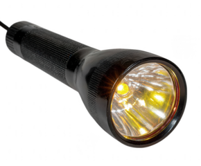 A black flashlight with its bright beam illuminated isolated on transparent background