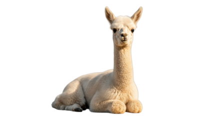 A fluffy white alpaca lying down peacefully, with a long neck and gentle expression, isolated on a transparent background