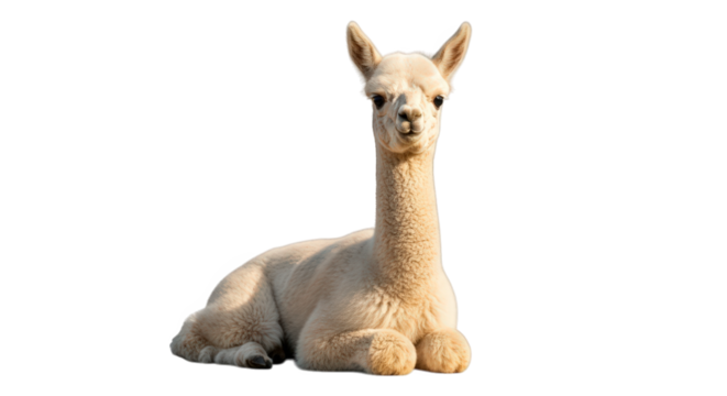 A fluffy white alpaca lying down peacefully, with a long neck and gentle expression, isolated on a transparent background