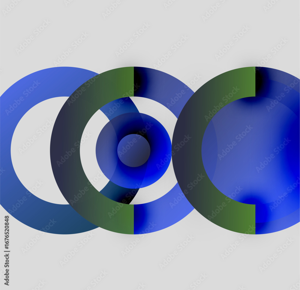 Poster abstract design features overlapping circles. blue, green hues create complex visual pattern. minima