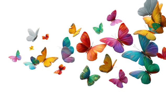 Colorful butterfly swarm against a black backdrop
