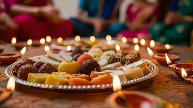 Diwali sweets and diya lamps celebration. Festive Indian desserts on a silver platter surrounded by lit diyas for a happy Diwali festival, symbolizing prosperity and light.