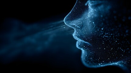 A profile view of a digital face, formed by light-blue particles, in a dark background, showcasing a futuristic and abstract representation of human features.
