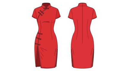 Red Cheongsam Dress Illustration showcasing modern and traditional garment design with sleek lines and vibrant red color with both front and back