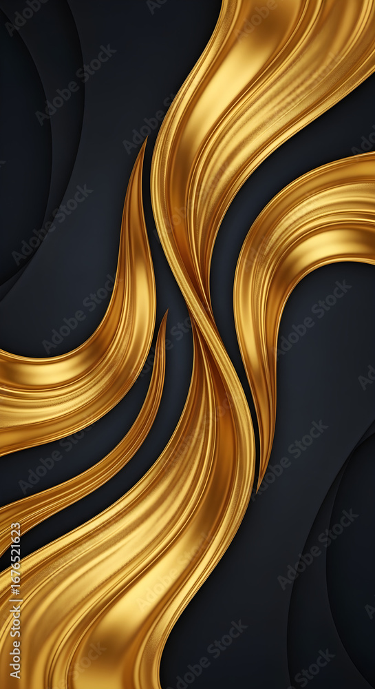 Poster abstract flowing golden ribbons on a dark background, creating a luxurious and elegant visual.