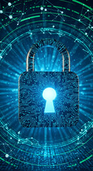 A digital padlock with a glowing keyhole, symbolizing cybersecurity and data protection, set against a backdrop of interconnected circuits and glowing blue lines.