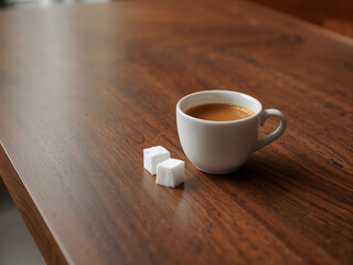 Coffee cup on a wooden table: A serene moment captured – a steaming coffee cup rests gracefully on a polished wooden surface, accompanied by two delicate sugar cubes.