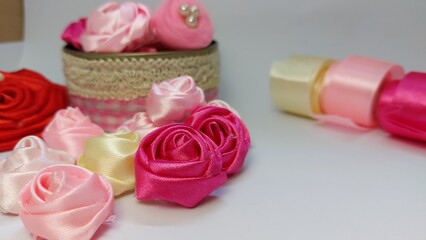 Hand Made Satin Ribbon Roses in Pink Red and Yellow with Decorative Basket