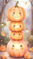 Halloween Celebration, Adorable Pumpkins, Enchanted Forest, Digital Illustration, Whimsical Atmosphere, Front View, Fantasy Theme