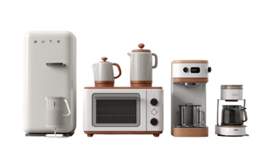Modern kitchen appliances in a beige and light brown color scheme