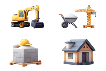 Cartoon construction vehicles and a house.  Four illustrations