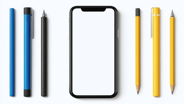 Flat lay of a smartphone with pens and pencils