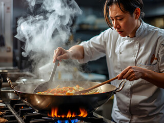 Chef's Culinary Creation: A skilled chef, amidst the steam of his culinary art, meticulously crafts a delectable dish within the vibrant, fiery embrace of the kitchen, bringing his artistry to life.