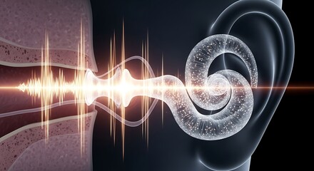 3D anatomical model of the inner ear.  Audio waves impacting the cochlea