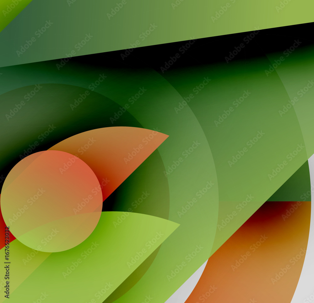 Poster abstract composition. overlapping shapes create dynamic visual effect. green, orange hues dominate d