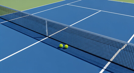 Close-Up View of Tennis Balls on the Court Near the Net, Showcasing the Perfect Scene for Competitive Play and Outdoor Sports Activities