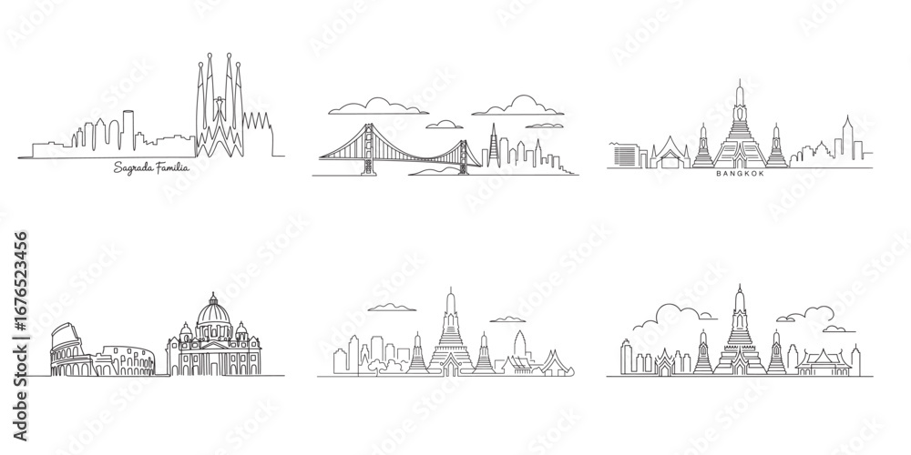 Poster global landmark outlines a minimalist linear representation of cities around the world showcasing fa