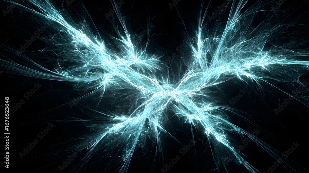 Poster a striking image displays intricate, light teal, fractal patterns radiating outward from a central p