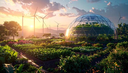 Obraz premium Sustainable future farm landscape at dawn, showcasing a modern geodesic dome greenhouse and wind turbines, symbolizing innovation in eco-friendly agriculture and renewable energy for a greener planet