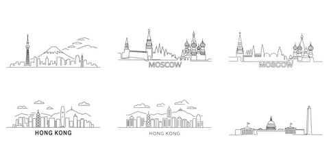 Obraz premium Elegant Cityscape Outlines a Minimalist Collection of Famous Architectural Designs from Moscow, Hong Kong, and Washington D.C.
