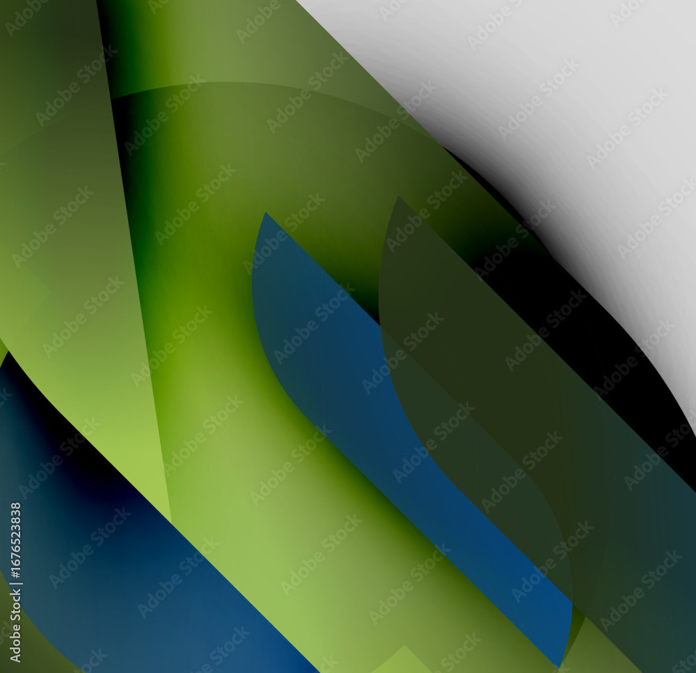 Poster abstract composition. overlapping shapes create dynamic visual effect. greens, blues, grays blend se