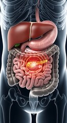 3D anatomical view of the abdomen, highlighting the pancreas