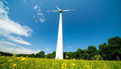 Tall White Wind Turbine in Sunny Meadow Landscape.