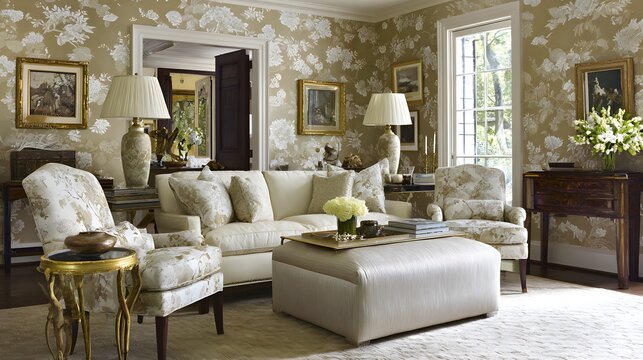 Fototapeta A sophisticated living room boasts a neutral color palette with elegant floral wallpaper and ornate furniture pieces.