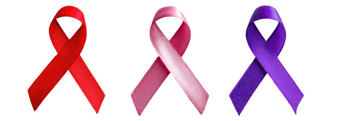 Three awareness ribbons in red, pink, and purple (1)