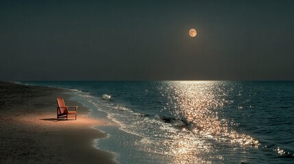 Obraz premium Solitary chair on a shadowy shoreline, moonlight casting reflections across the quiet water 
