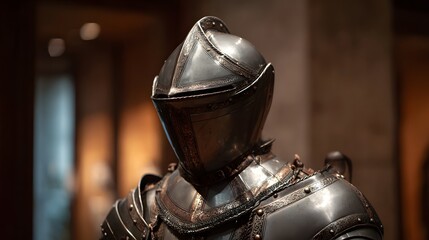 Detailed close-up view of ornate historical medieval armor, showcasing intricate details and reflective metallic surfaces.