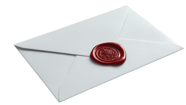 A white letter-shaped envelope with a red wax seal