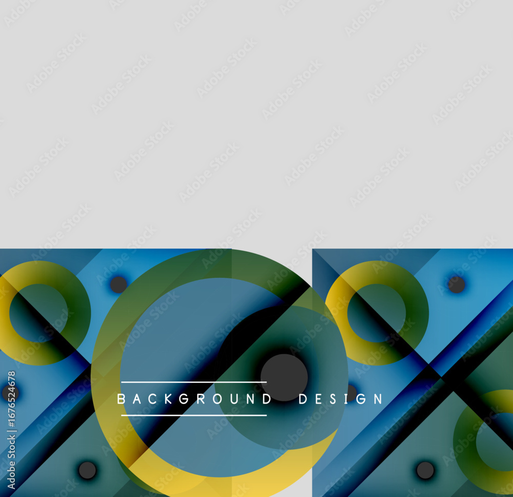 Poster abstract geometric design. blue, green, yellow shapes overlap creating modern visual texture. minima