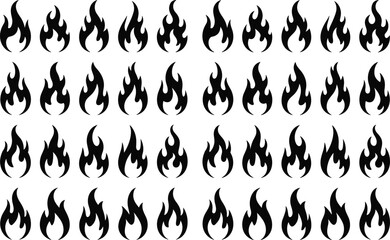 Flame fire icon set, burning symbol collection, black silhouette vector, heat illustration, danger warning sign, hot energy graphic design