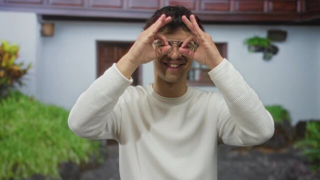 Man with smiling face makes hand binoculars to eyes in white sweater at building entrance; playfulness.