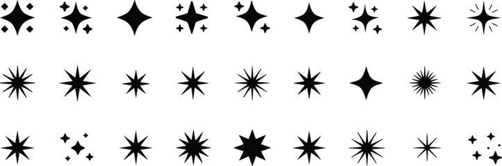 Sparkle star icons, shining light design, twinkle decorative elements, glowing star shapes, magic sparkle symbols, starburst effect graphics, celestial vector illustration