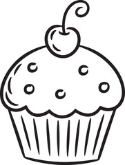 Simple black and white line drawing of a cupcake with cherry on top
