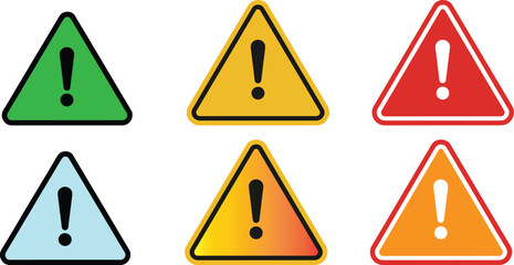 Warning triangle icons, colorful caution signs, danger alert symbols, exclamation mark illustration, hazard safety icon, risk attention graphic, emergency notice design