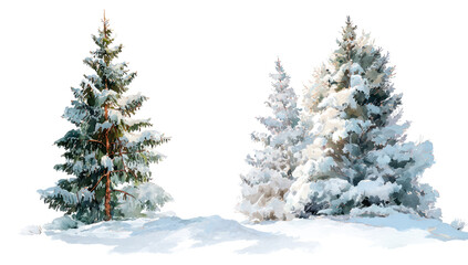 Two snowy fir trees on a snowy ground