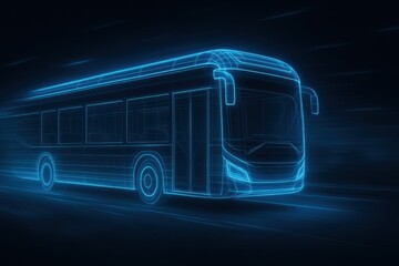 Electric bus innovation. futuristic bus design illuminated in blue neon light, showcasing sleek lines and modern features, symbolizes innovation in public transportation