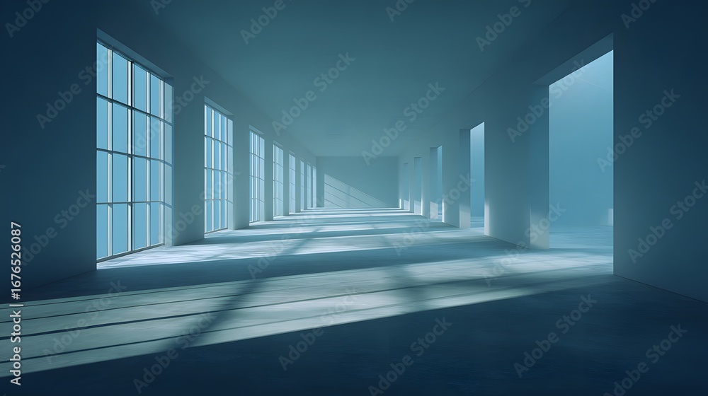 Poster a long, empty corridor with large windows, bathed in soft, diffused light, creates a serene and spac