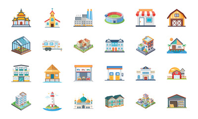Fototapeta premium Collection of Various Building and Architecture Icons Including Temple, Church, Factory, Stadium, Shops, Barn, Greenhouse, Camper, Houses, Apartments, Gas Station, School, Lighthouse, Mosque, and Ware