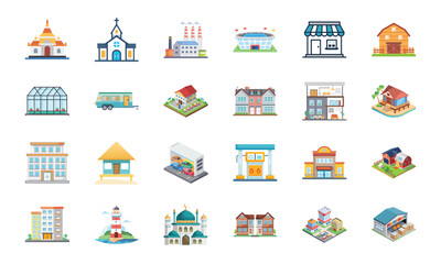 Fototapeta premium Collection of Various Building and Architecture Icons Including Temple, Church, Factory, Stadium, Shops, Barn, Greenhouse, Camper, Houses, Apartments, Gas Station, School, Lighthouse, Mosque, and Ware