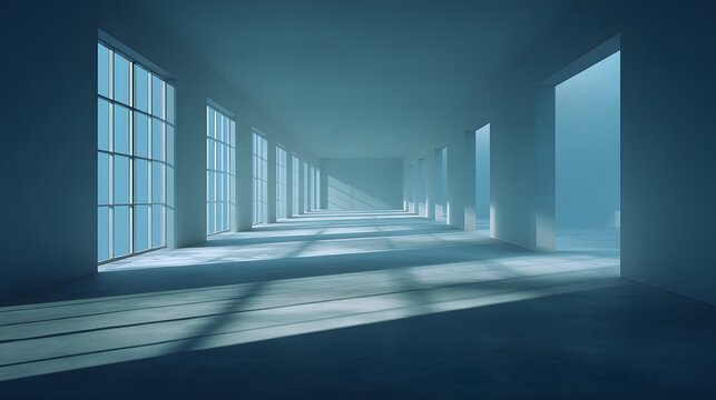 A long, empty corridor with large windows, bathed in soft, diffused light, creates a serene and spacious atmosphere. - Powered by Adobe