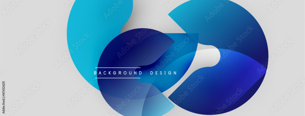Poster abstract blue shapes overlap, creating dynamic composition. light gray background provides contrast.