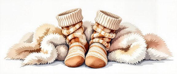 Cozy knitted socks on fluffy blanket, warmth and comfort