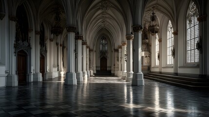 Fototapeta premium A grand, empty cathedral aisle, bathed in soft sunlight, showcasing soaring arches, elegant columns, and intricate architectural details.