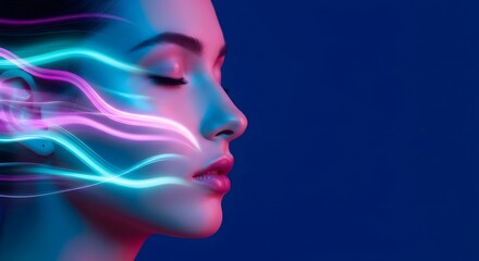 Colorful portrait of a person with flowing colors, capturing the essence of motion and emotion against a deep blue background